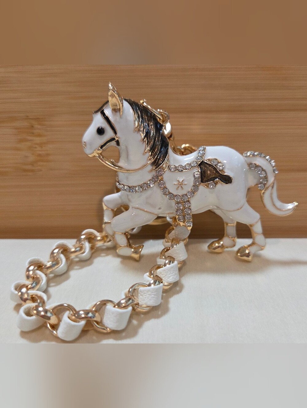 Glam White Enamel Prancing Horse Keychain & Braided Chain Bag Charm 🐎 - Picture 7 of 14